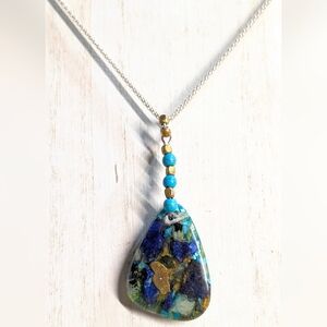 Unusual One-of-a-kind Azurite and Turquoise Sterling Pendant